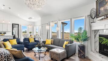 Smart TV, fireplace, books