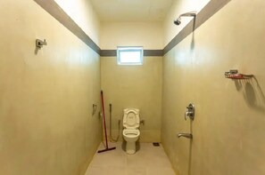 Shower, towels, soap, toilet paper