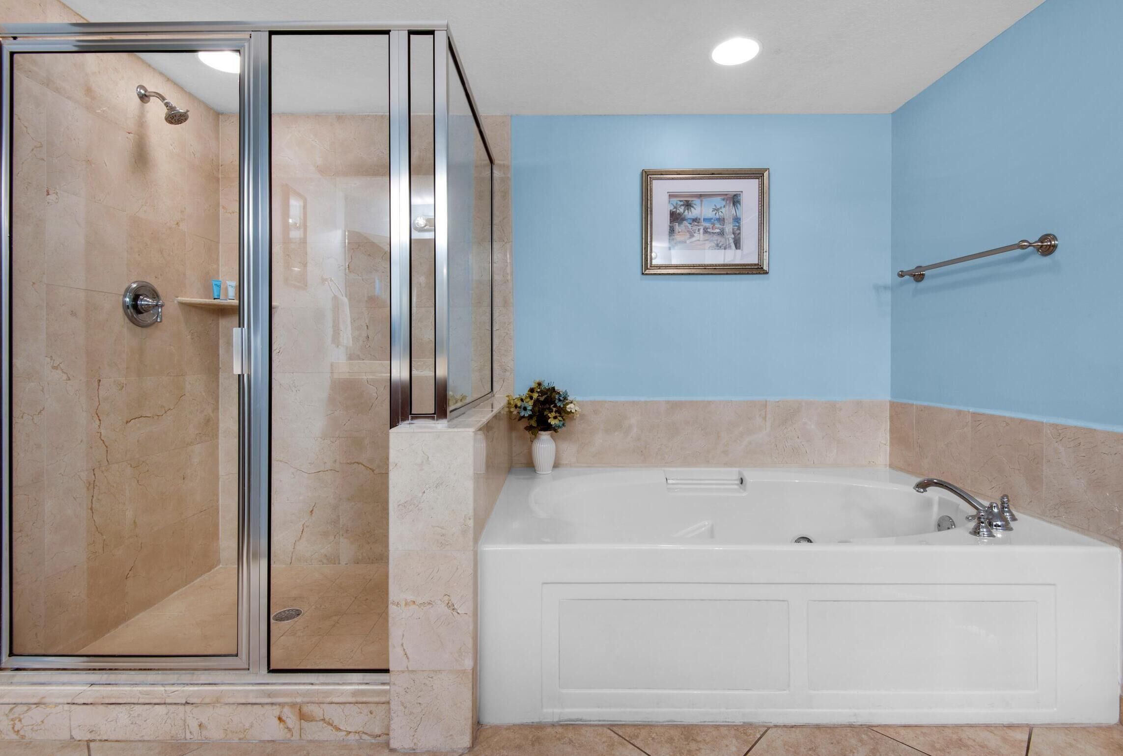 Une salle de bain avec une douche à parois de verre, une baignoire blanche et un mur bleu.