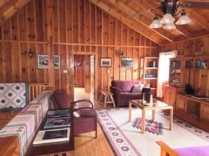 Smart TV, fireplace, table football, books