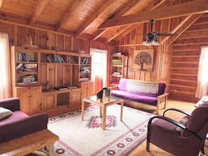 TV connectée, cheminée, baby-foot, livres