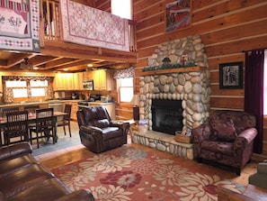 Smart TV, fireplace, foosball, books