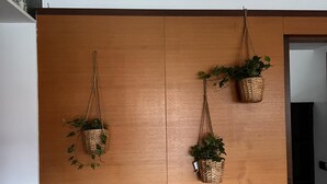 A room with a wooden wardrobe, two hanging baskets with plants, and a visible air conditioning unit. - 10 minutes from the Duomo LA TERRAZZA SU MILANO offers a moment of tranquility (Milano)