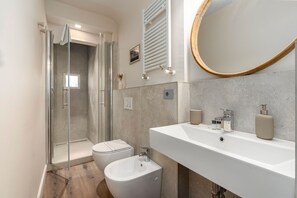 Shower, hair dryer, bidet, towels