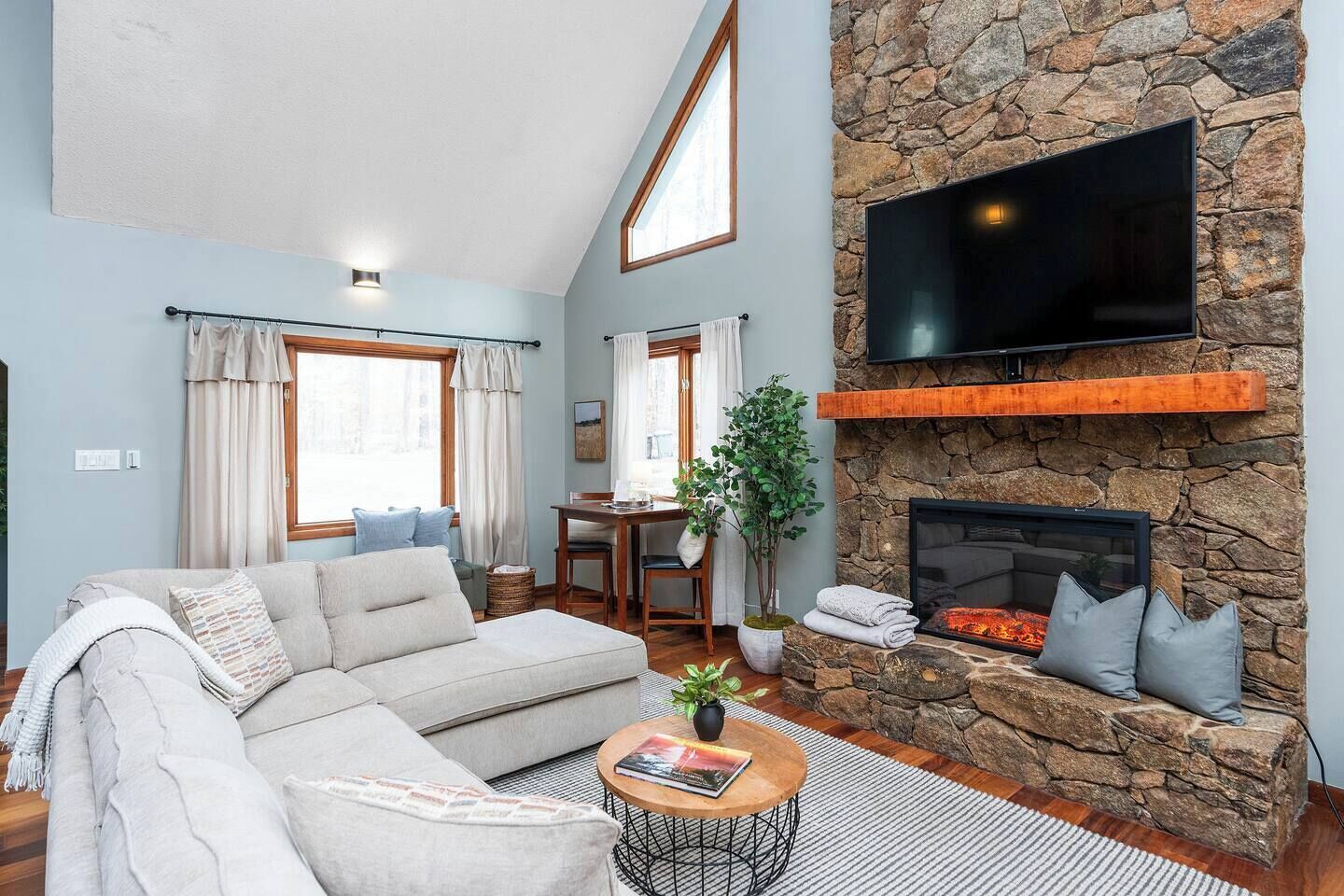 TV, fireplace, foosball