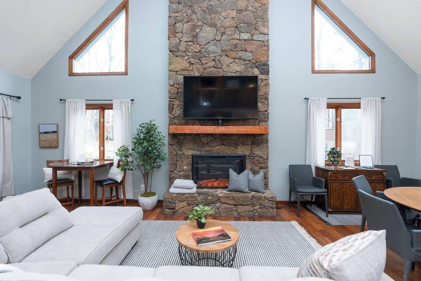 TV, fireplace, table football