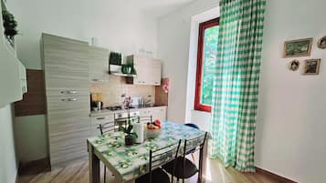 A compact kitchen with a dining table, chairs, and a window with checkered curtains.