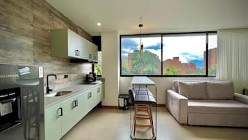 Deluxe Apartment | Private kitchen | Full-size fridge, stovetop, coffee/tea maker, blender