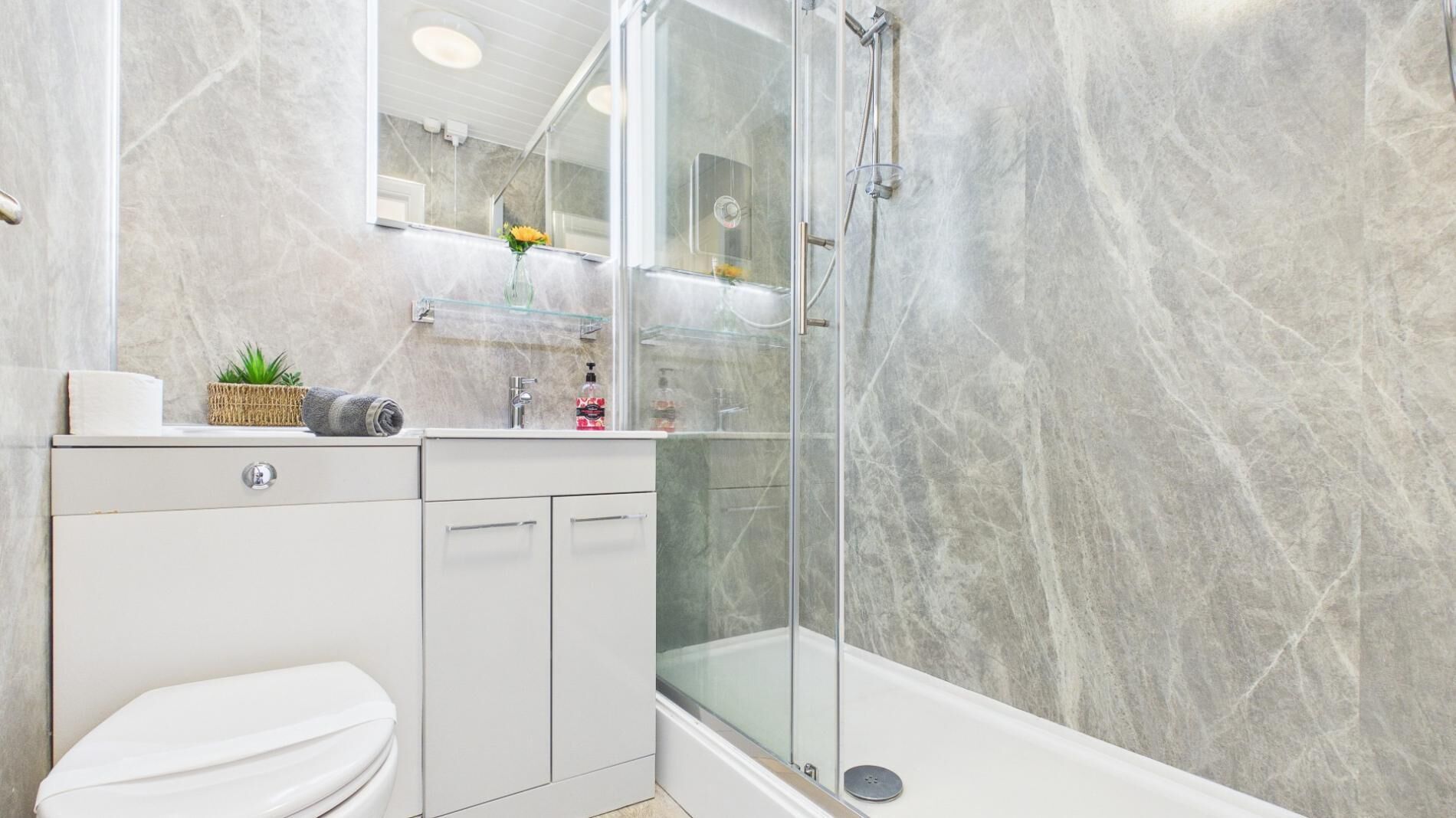 A modern bathroom with a glass-enclosed shower, a toilet, and a vanity with a mirror.