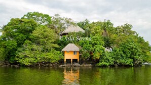 Une petite maison au toit de chaume, entourée d’une végétation luxuriante et bordée d’eau.