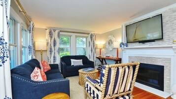 Smart TV, fireplace, books