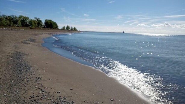 A beach with a sandy shore and calm water.