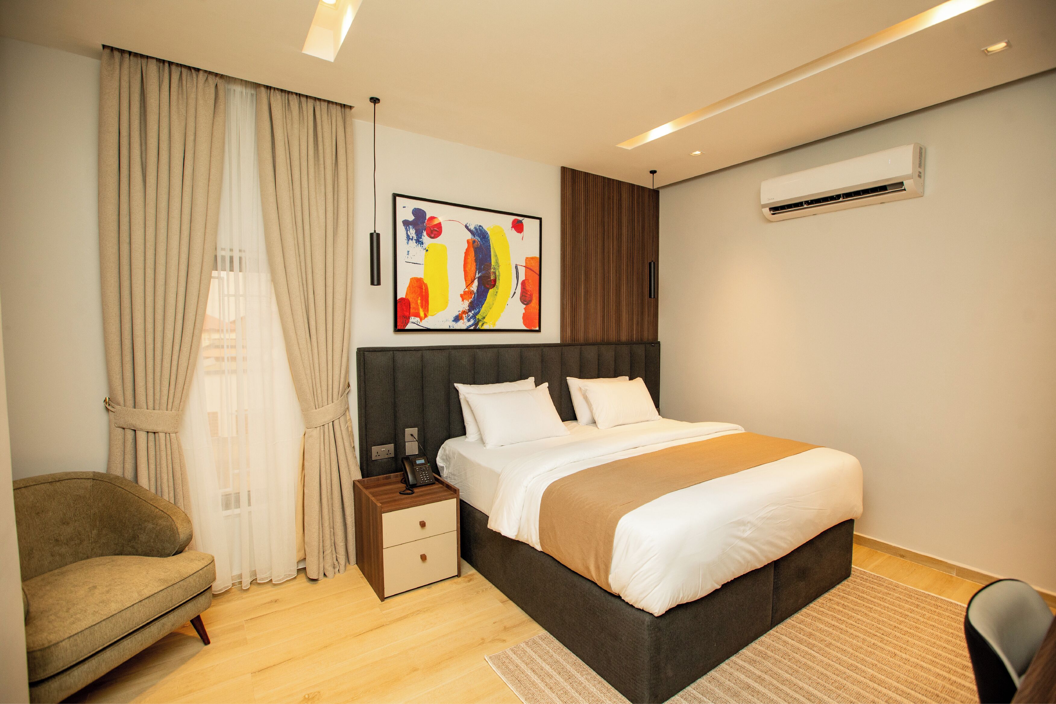 In-room safe, desk, laptop workspace, blackout curtains