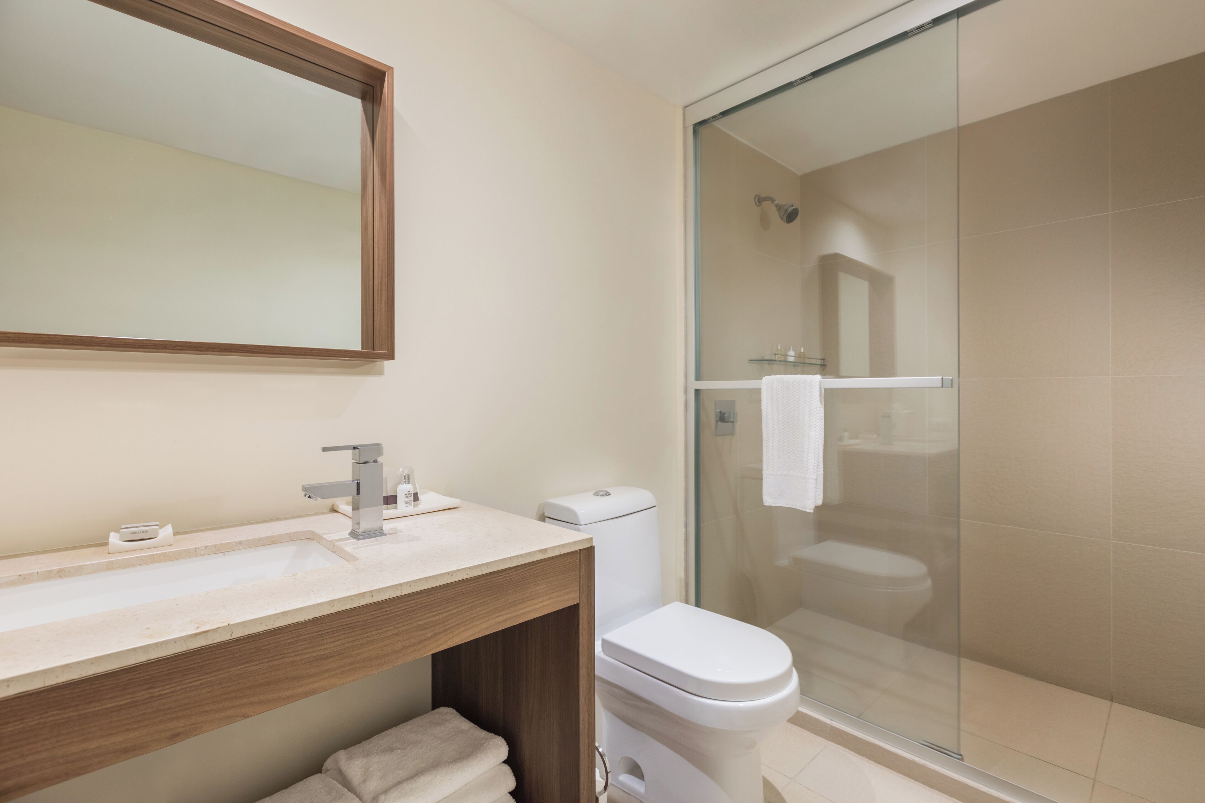 A modern bathroom with a sink, mirror, toilet, and glass-enclosed shower.