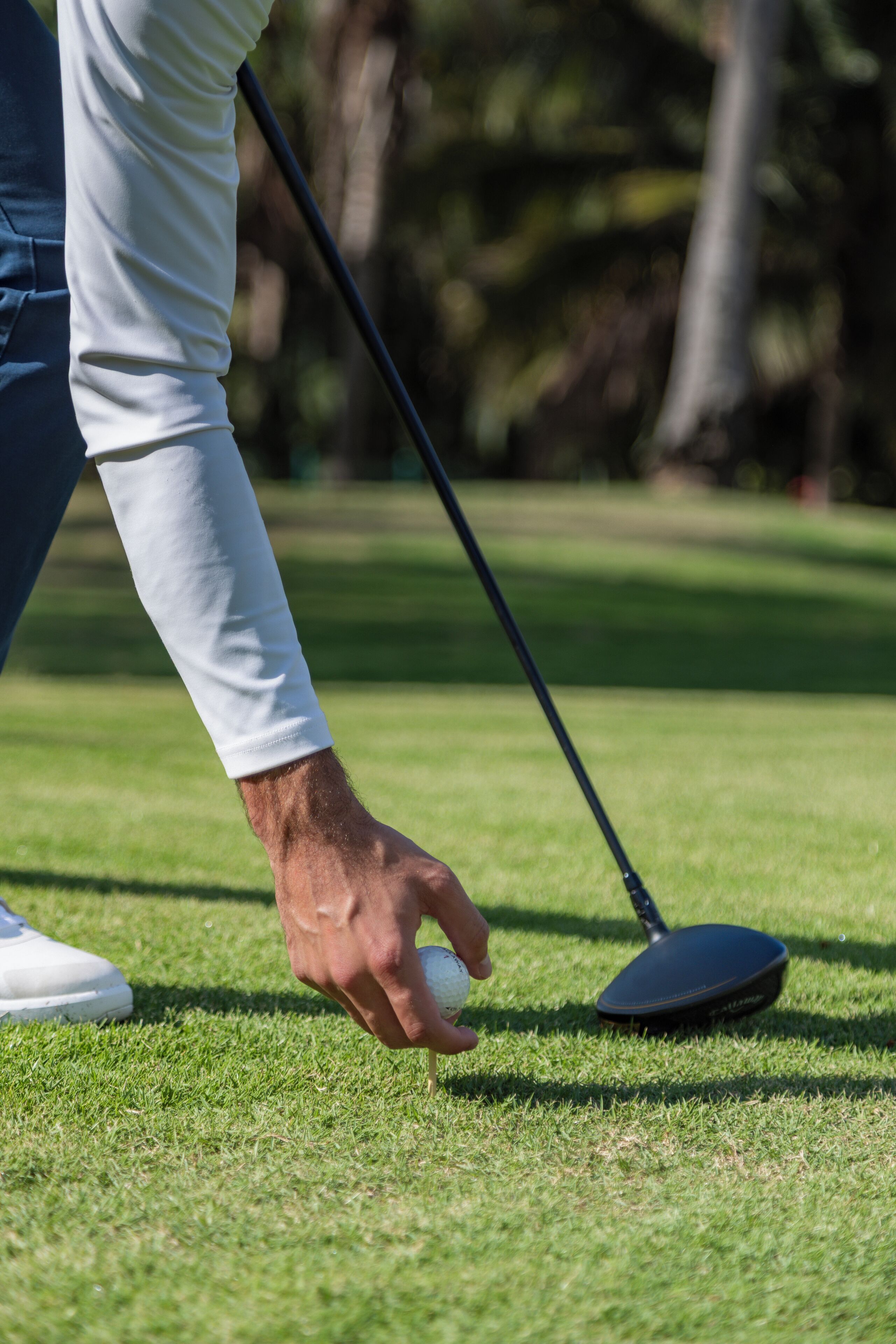 A close-up of a golf club and a golf ball on a green.
