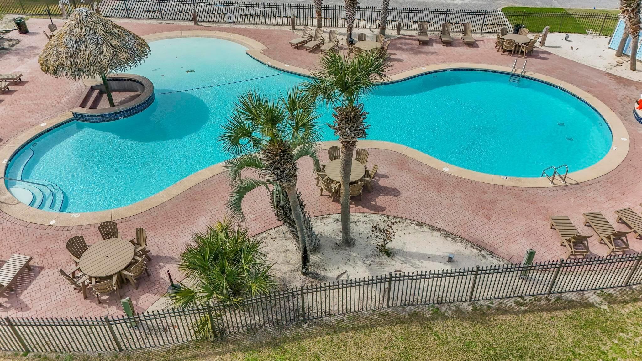 Una grande piscina a forma di curva con una vasca idromassaggio, circondata da palme e lettini.
