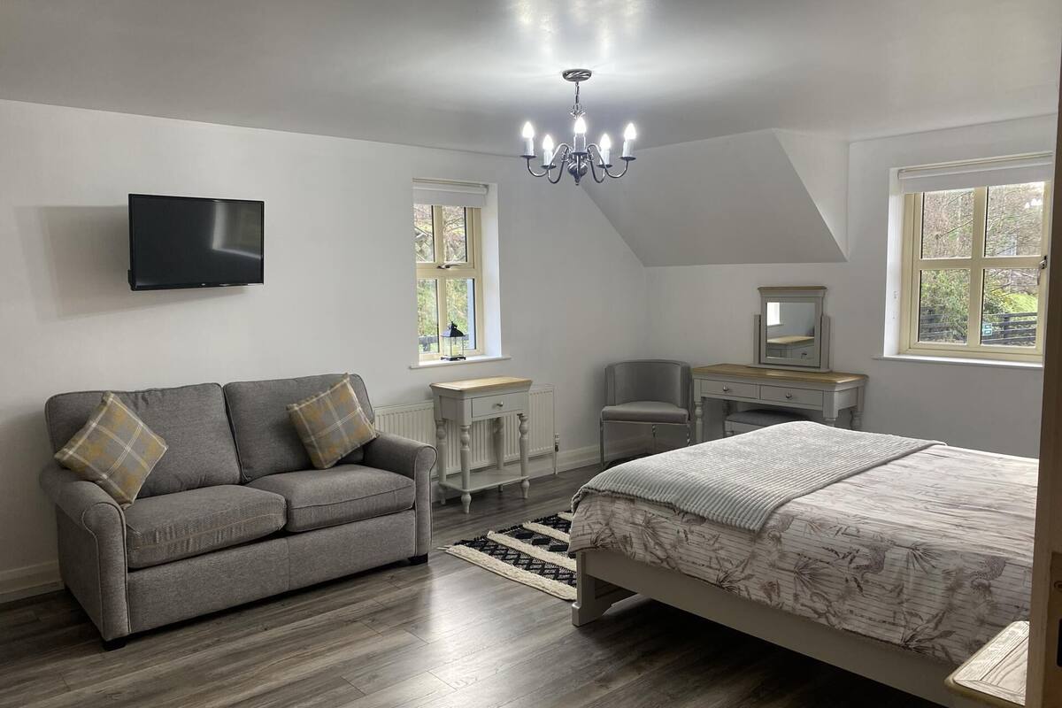 A bedroom with a gray sofa, a bed, a dresser, a mirror, and a TV on the wall.