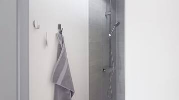 Ducha, secador de pelo, toallas, jabón