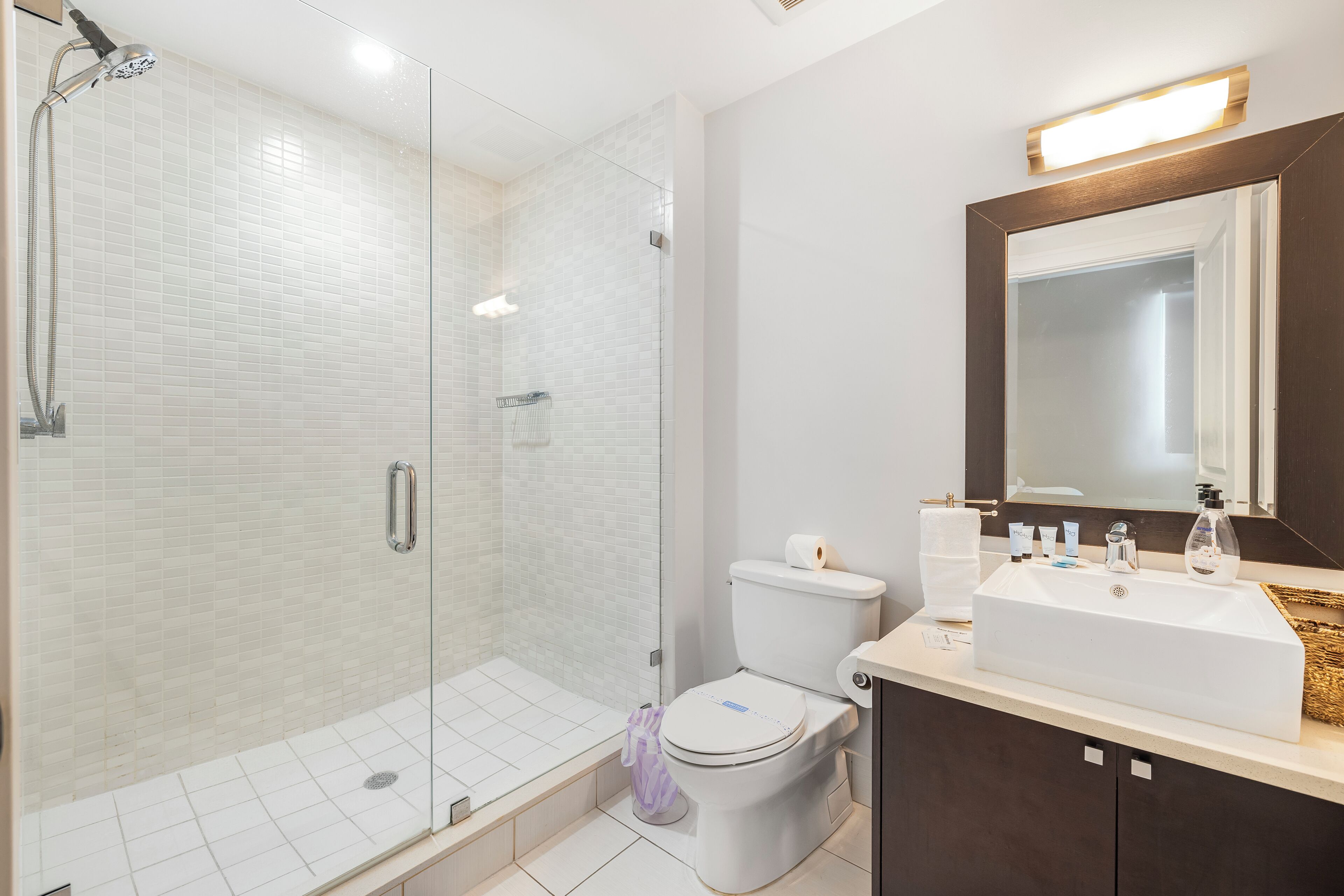Une salle de bain moderne avec une douche à parois de verre, des toilettes blanches et un meuble-lavabo avec un miroir et un évier.