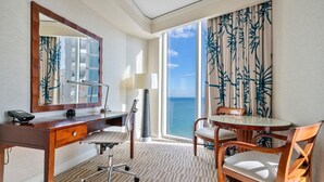 Una camera d'albergo con una scrivania, una sedia e vista sull'oceano.