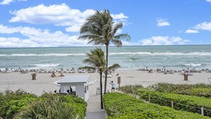 Une plage bordée de palmiers, un sentier menant à un bâtiment, et l’océan en arrière-plan.