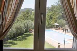 A view through a window with curtains, revealing a swimming pool, a lawn, and trees. - Relax cottage  (Valtopina)