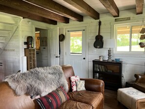 Smart TV, fireplace, books, music library
