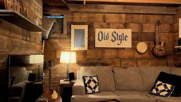 Smart TV, fireplace, books, music library