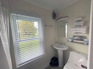Shower, hair dryer, towels