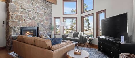 TV connectée, cheminée, livres