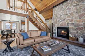 Smart TV, fireplace, books