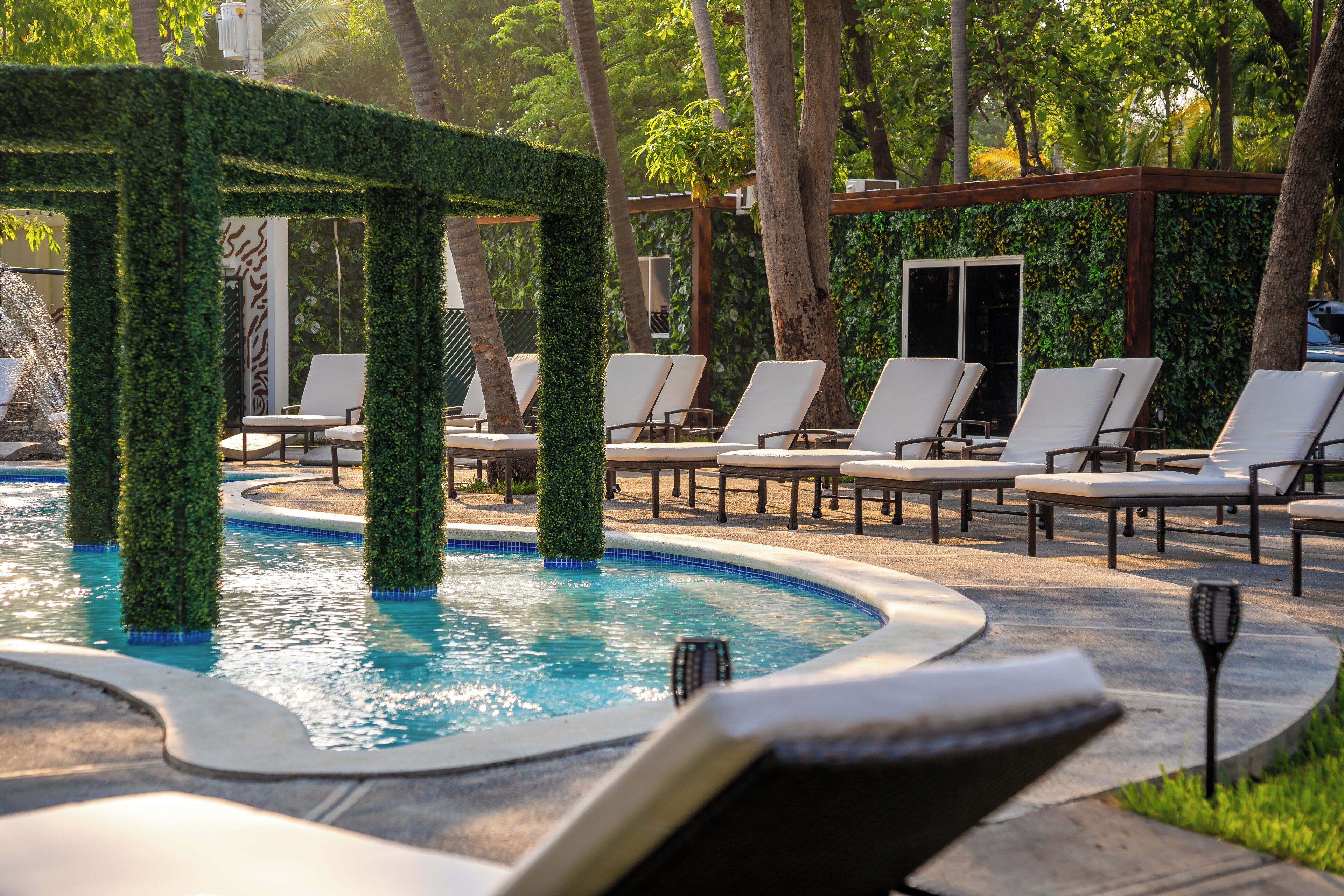 Uma área de piscina com espreguiçadeiras e um pergolado coberto de vegetação.
