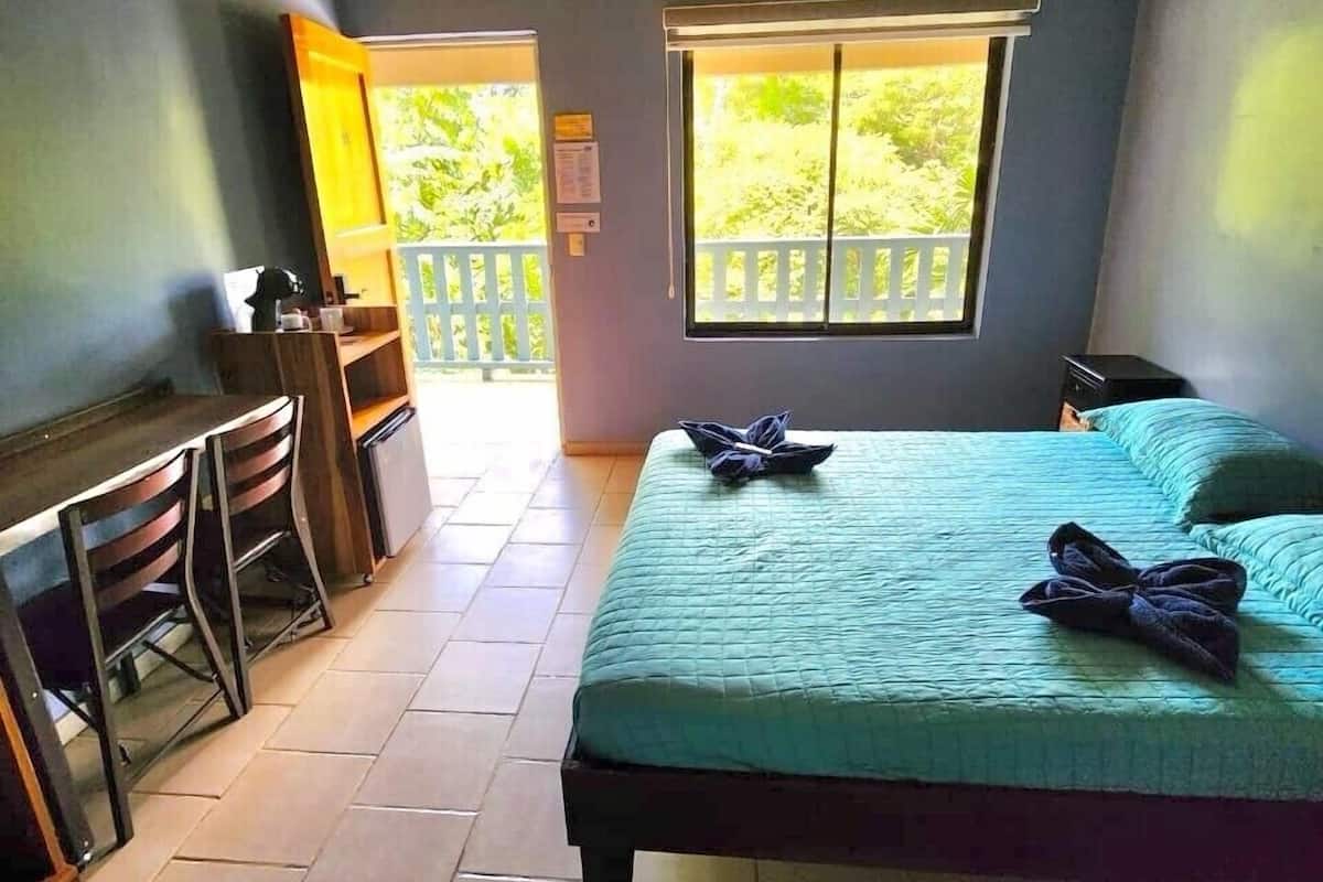 A room with a bed, a desk, and a chair. There is a window with a view of greenery outside.