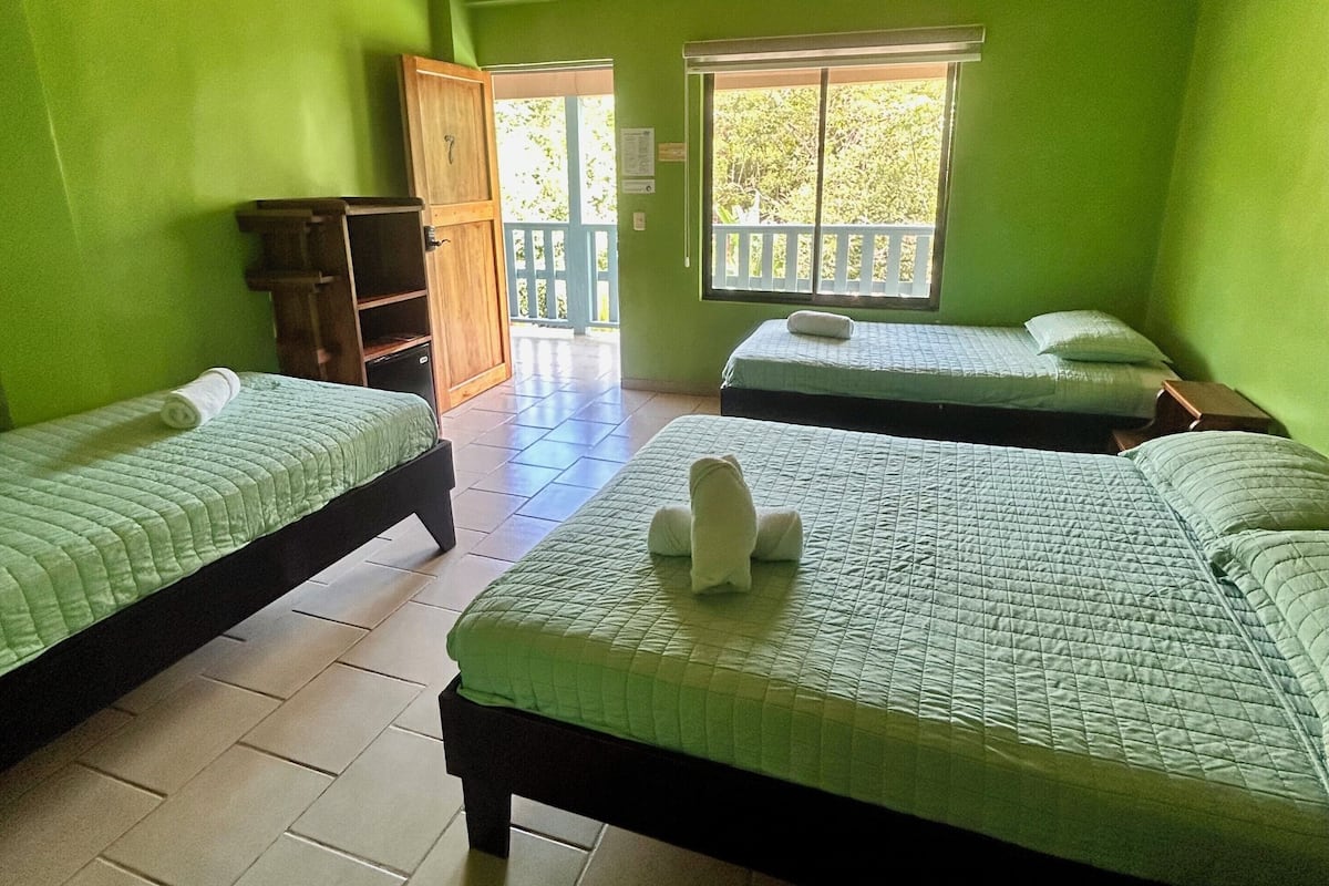 A room with two beds, a wooden ceiling, and a window with a view of greenery.