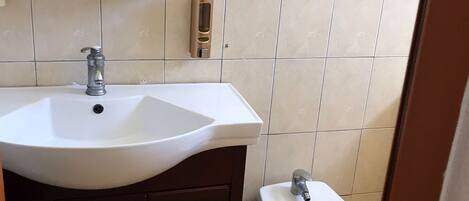 Ein Badezimmer mit Waschbecken, Spiegel, Bidet und Seifenspender.