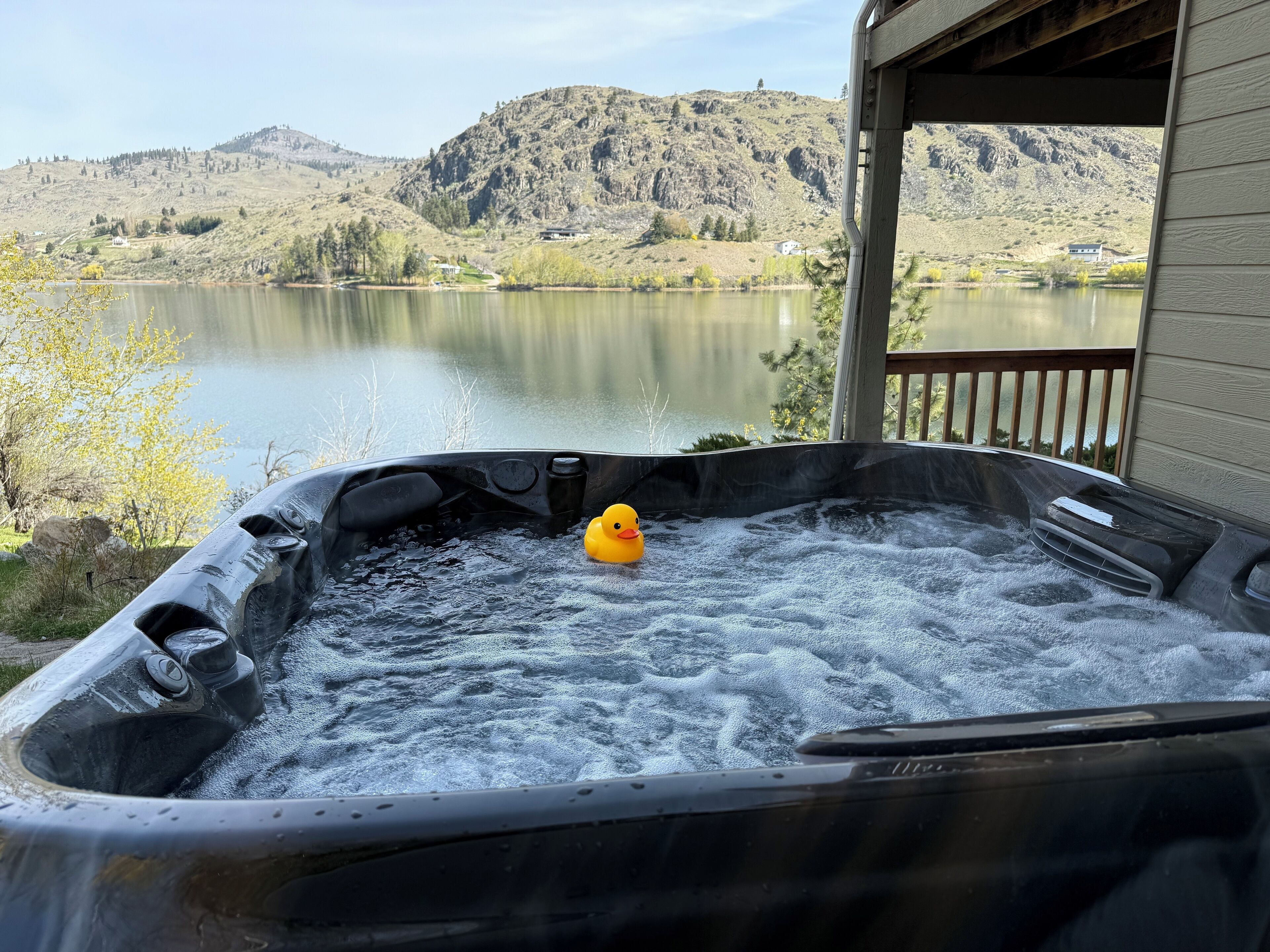 A hot tub with a rubber duck, overlooking a lake with mountains in the background.