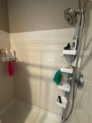 Hair dryer, towels, soap, toilet paper