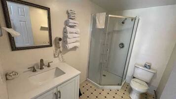 Regadera, secadora de cabello, toallas