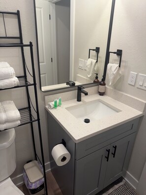 A bathroom with a white sink, black faucet, and a mirror above it. There are towels on a rack and a trash can. - Brand new 3-bedroom house in sunny Port Charlotte. (Port Charlotte)