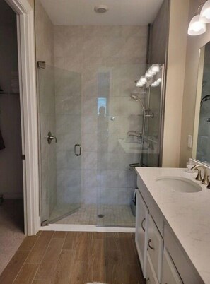 Hair dryer, towels, soap