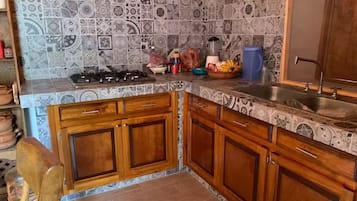 Fridge, coffee/tea maker, cookware/dishes/utensils, spices
