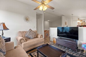 TV, fireplace, books, offices