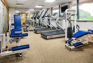 Une salle de sport équipée de tapis de course, d’appareils de musculation et d’un banc bleu.