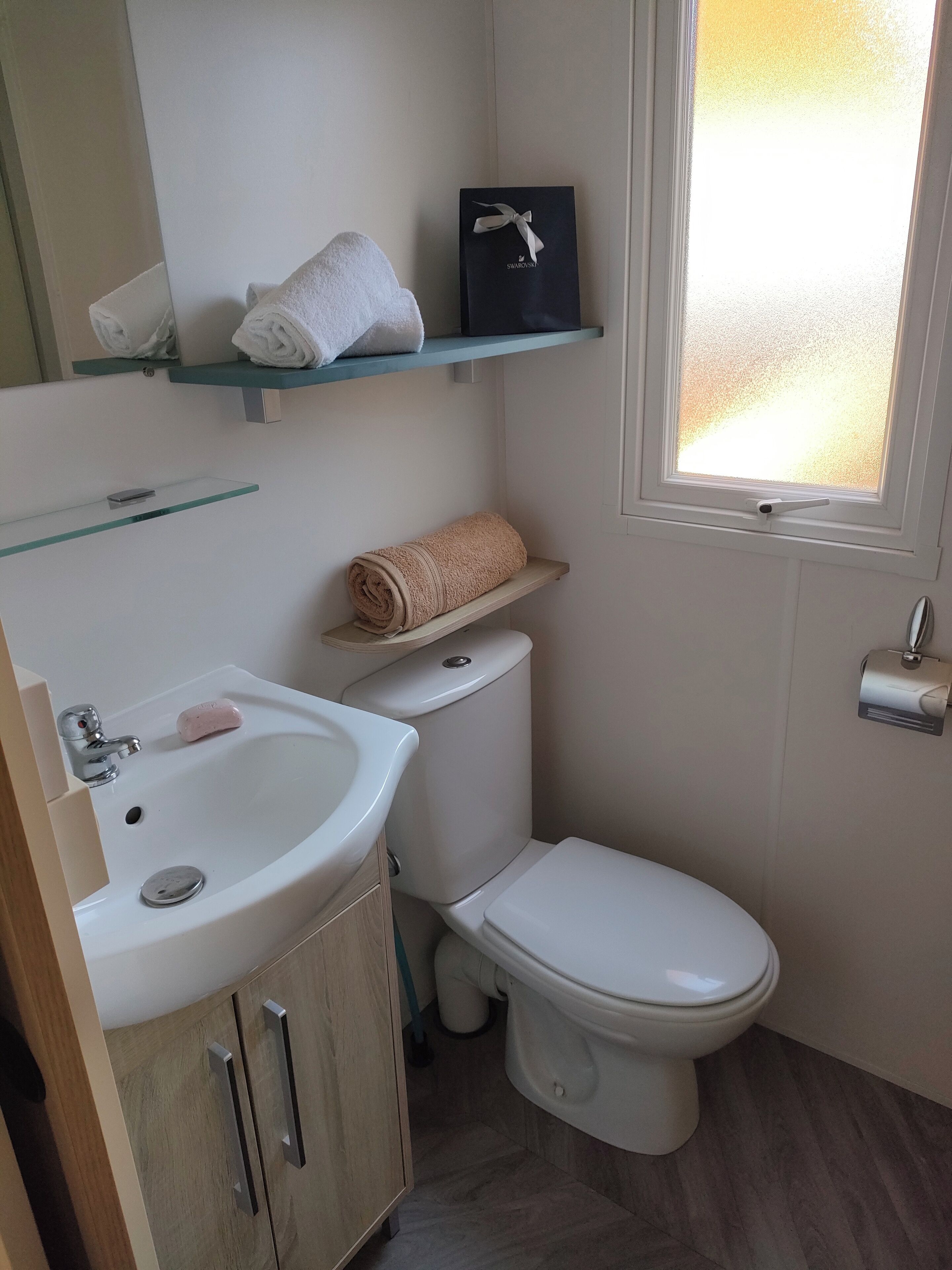A bathroom with a white sink, toilet, and glass shelves.