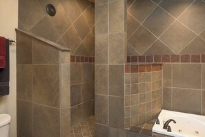 Chuveiro, secador de cabelo, toalhas de banho, shampoo