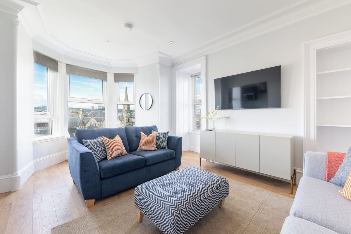 Luxury Apartment, 2 Bedrooms, City View | Premium bedding, desk, laptop workspace, blackout drapes