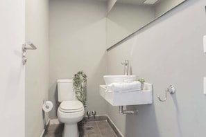 Dusche, Haartrockner, Handtücher, Shampoo