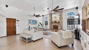 TV connectée, cheminée, jeux vidéo, lecteur de DVD