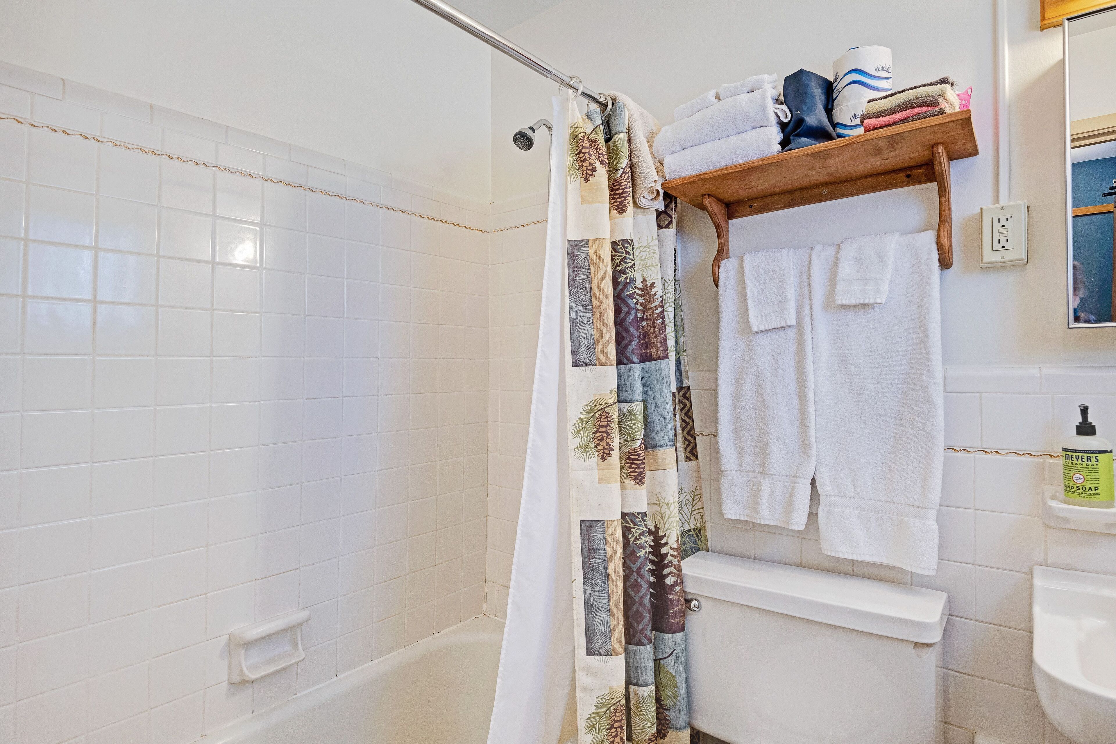 Hair dryer, towels, soap, shampoo