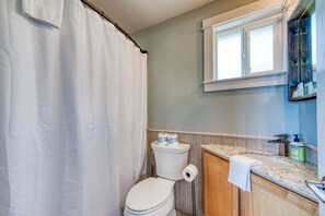 Hair dryer, towels, soap, shampoo